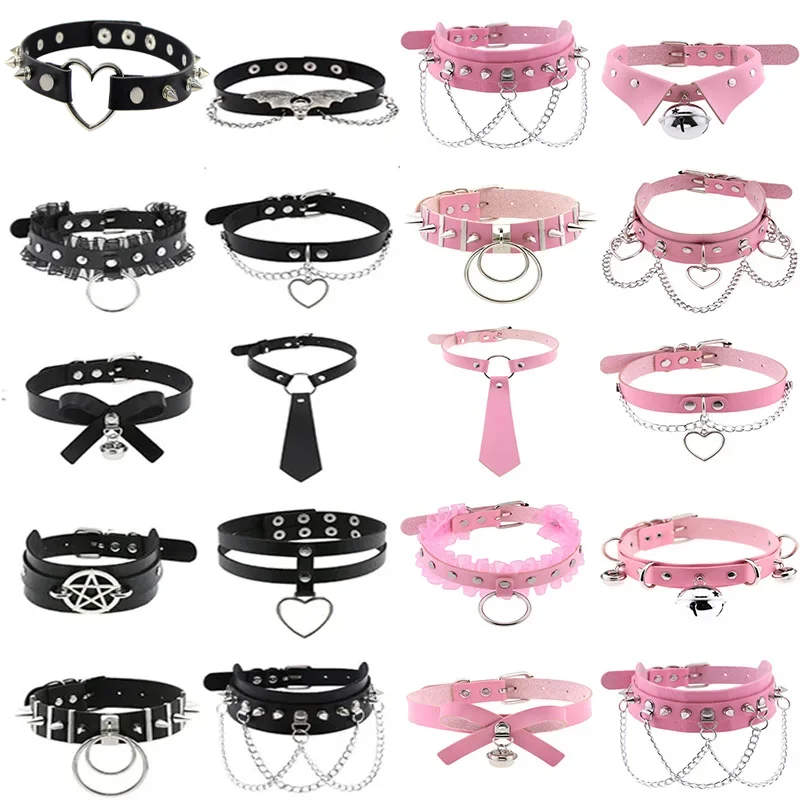 Rosa Harajuku Gothic Spike-Nieten-Stern-Halsketten, Hip-Hop-Rock-Schwarz-Schleifenknoten-PU-Leder-Sexy-Y2K-Girl-Choker-Schmuck