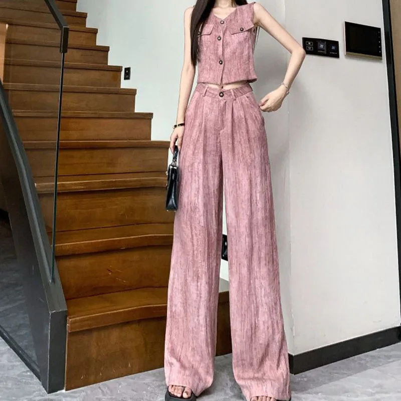 Pink linen suit 2024 summer new retro fashion high-grade cotton and linen vest vest wide-leg pants two-piece female