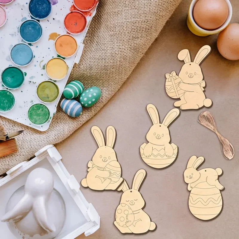 Easter Bunny & Egg Wooden Hanging Decorations- DIY Paint-Your-Own Craft Set with Twine,Colorful Blank Wood Chips for Party Decor