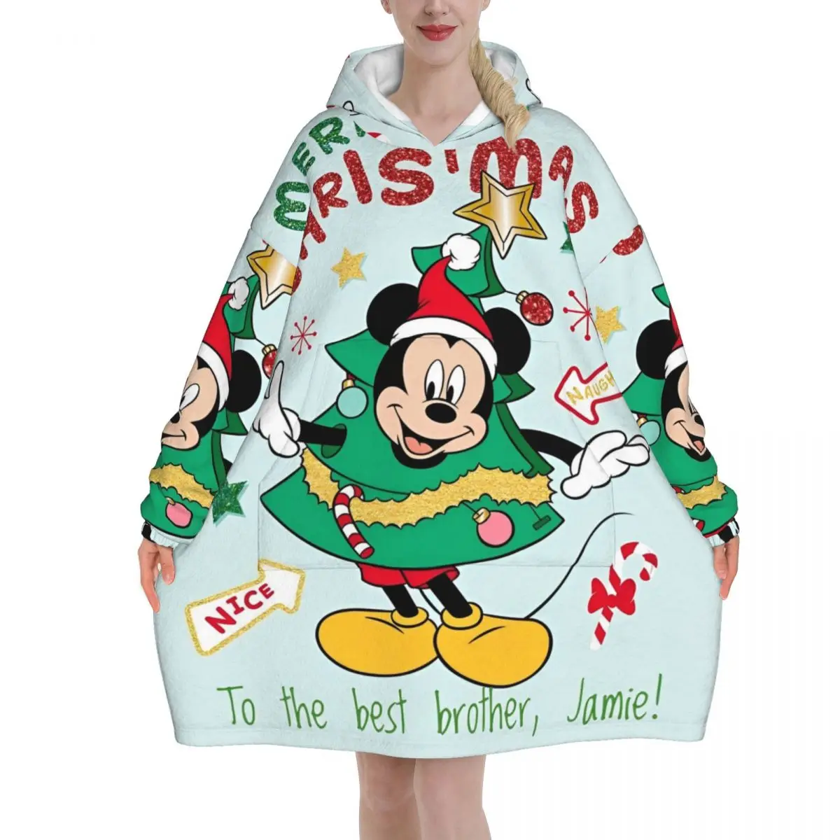 Oversized Merry Christmas Mickey And Minnie Wearable Blanket Winter Gifts Ultrasoft Plush Warm Sweatshirt Blankets With Pocket