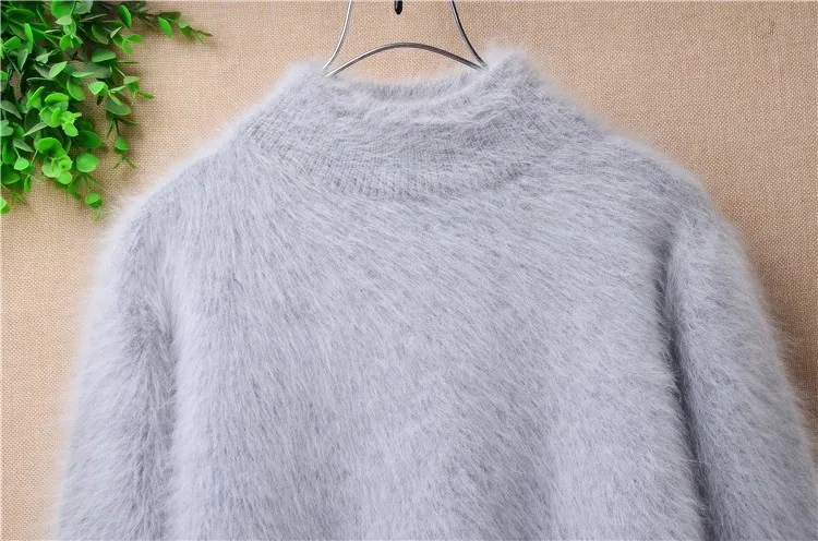 Ladies Women Spring Winter Grey Hairy Mink Cashmere Knitted Turtleneck Long Lantern Sleeves Slim Blouses Pullover Angora Sweater