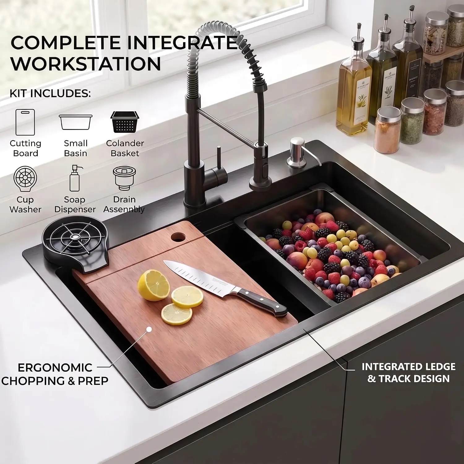 Black Drop-in Kitchen Sink:30in Stainless Steel & Deep Workstation