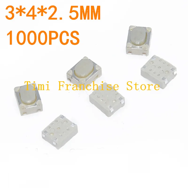 1000PCS 3X4X2.5MM 3X4 SMD Tactile Tact Push Button Switch 3*4*2.5H 3*4 4Pin Touch Micro Switch white Wrap Foot