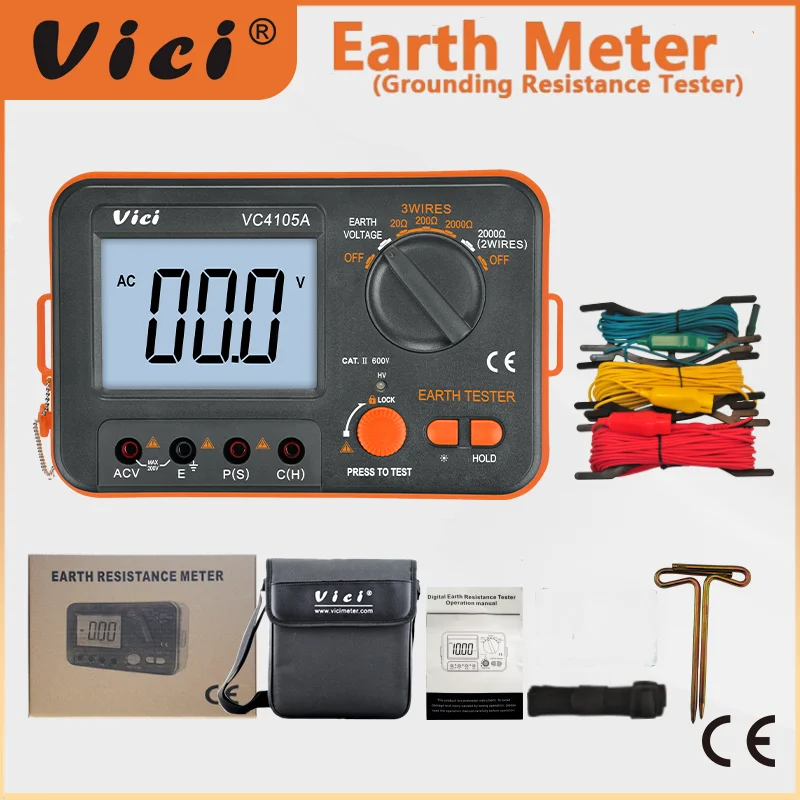 Vici Digital Electric Earth Meter LCD Grounding Voltage Resistance Tester 2/3 Wires Lightning Rod Measuring Tools Data Hold