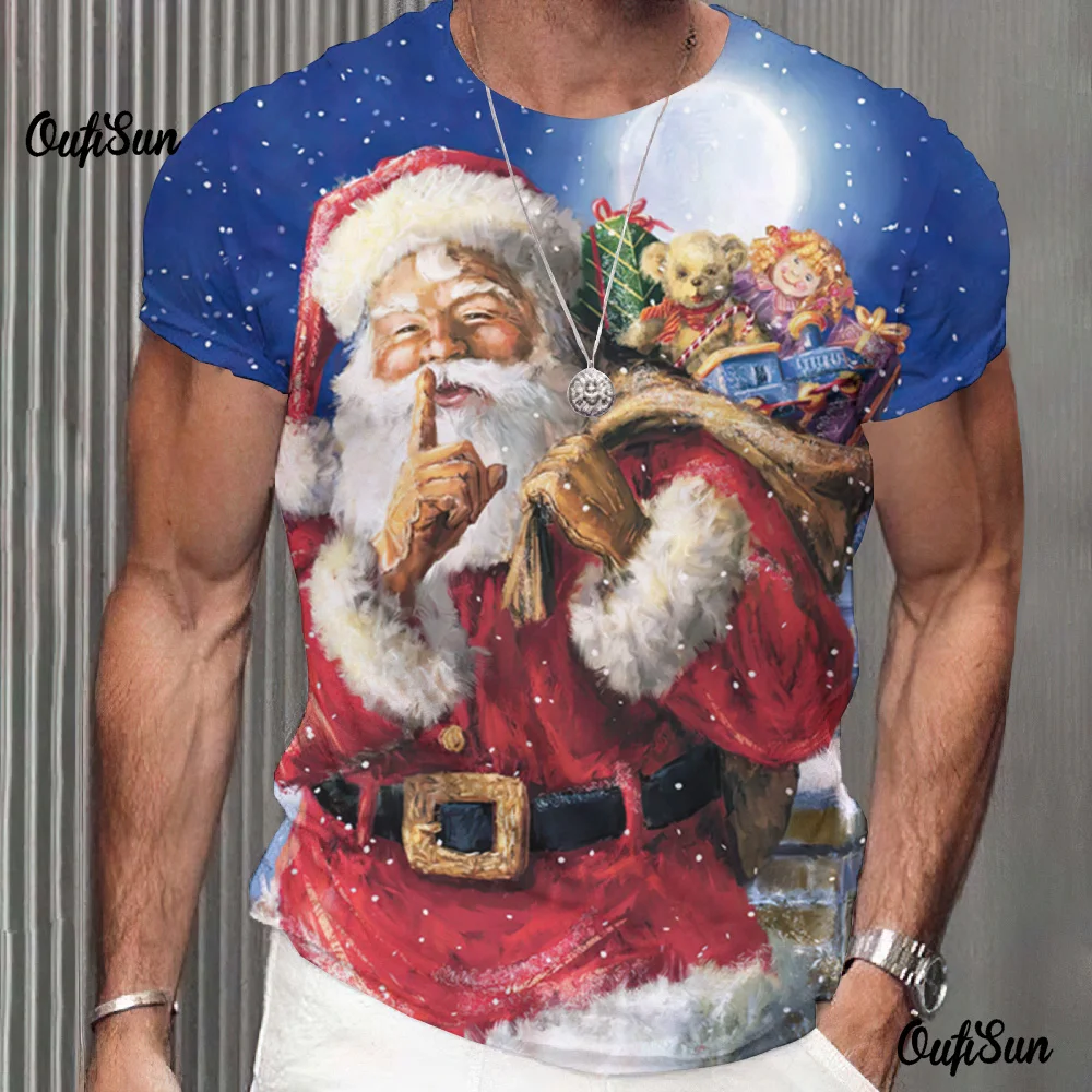 Funny Santa Claus Mens Shirts Christmas T-Shirts 3d Print Oversized Tops Tees Summer Holiday Casual O-Neck Male Harajuku Clothes