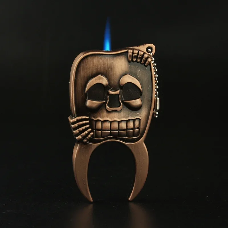 Creative and Unique Skeleton Head Metal Inflatable Windproof Butane Gas Lighter Inflatable Cigarette Cigar Smoking Lighter