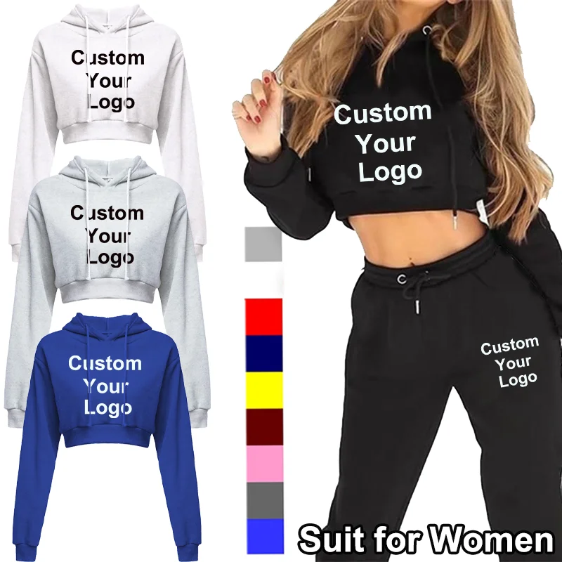 

New Women 2 Piece Customize Your Logo Sweatsuit Outfits Crop Hoodies and Jogger Pants Tracksuit Casual Jogger Sets