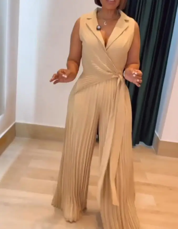 Jumpsuit Stand Up Collar Sleeveless Front with Lace Up Details Waist Cinching Jumpsuit Casual Elastic Zipper Wide Leg Jumpsuit