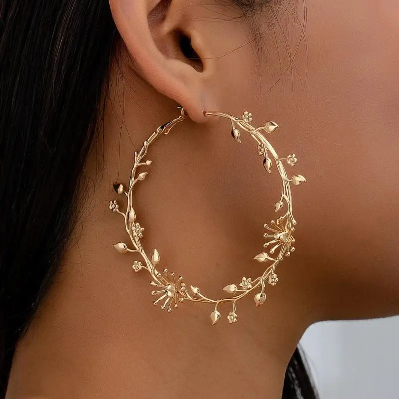 Exaggerated Hoop Earrings For Women: Leaf Flower Gold Color Big Circle Vintage Trend Jewelry Gift