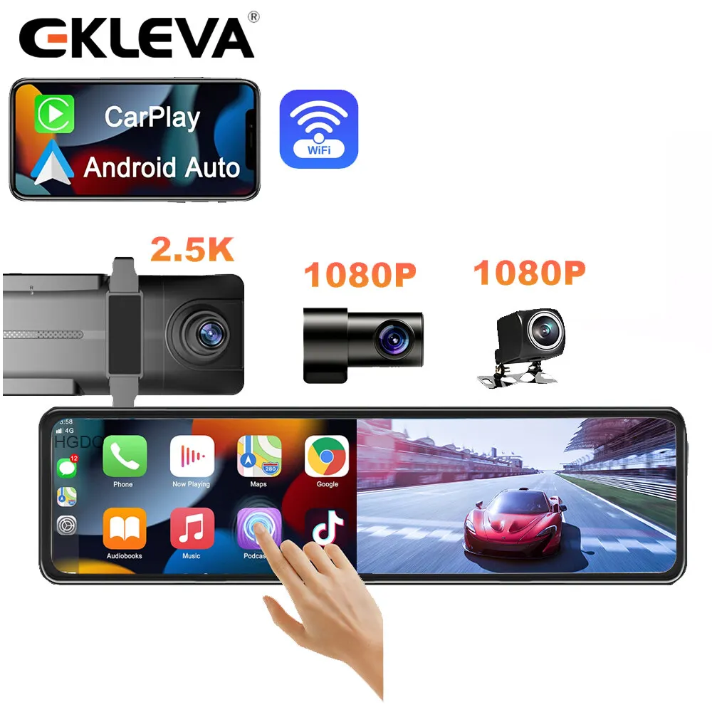 EKLEVA 11.26 Inch 2.5K 1440P Carplay Dash Cam Car Avto Dvr Mirror Recorder 3 In 1 Video Recorder Black Box Car Play 3 Car Camera