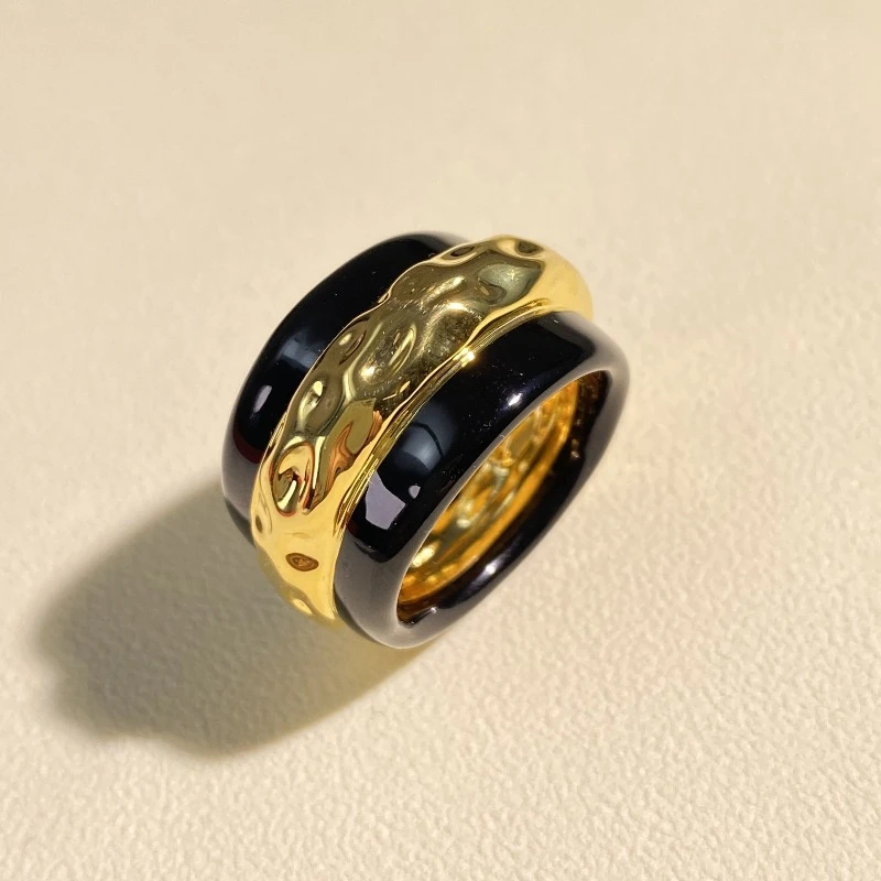 

Europe Fashion Designer Style Black Gold Ring Women High Quality Luxury Jewelry Party Accessories Trend