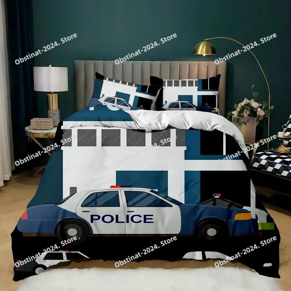 

Police Duvet Cover Car Black Policeman Car Twin Bedding Set Cartoon Vehicle Comforter Cover Red Cop Lights Polyester Quilt Cover