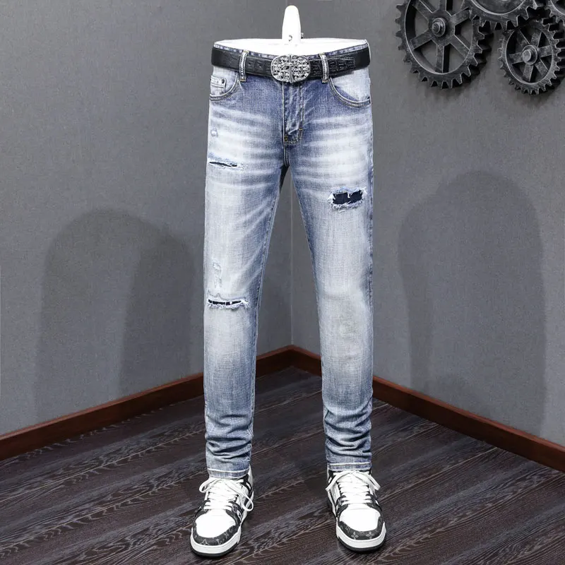 Street Fashion Men Jeans High Quality Retro Light Blue Stretch Slim Patched Ripped Jeans Men Brand Designer Vintage Denim Pants