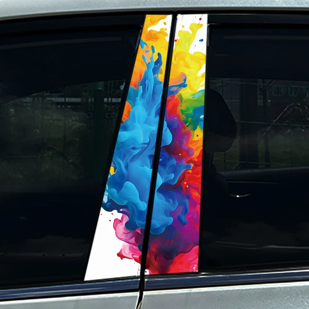 2PCS Rainbow Ink Explosion Car B Pillar Sticker Waterproof Colorful Liquid Vinyl Decal Auto Window Decor
