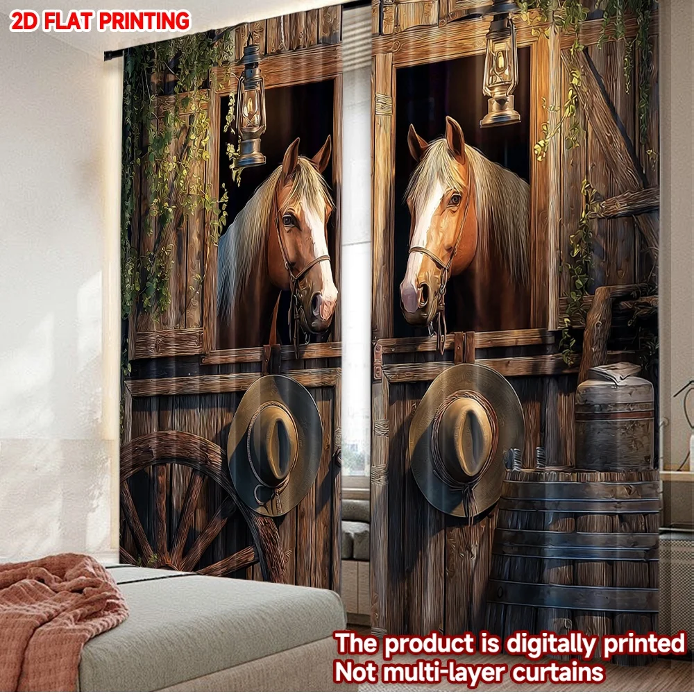

2D flat printing 2pcs Window Curtains Farmhouse West Horse Digital Printed Polyester Drapes Birthday Party Perfect for Holiday