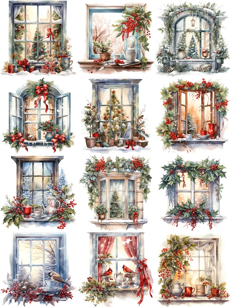 12Pcs/Pack Christmas Windows Sticker DIY Craft Scrapbooking Album Junk Journal Decorative Stickers