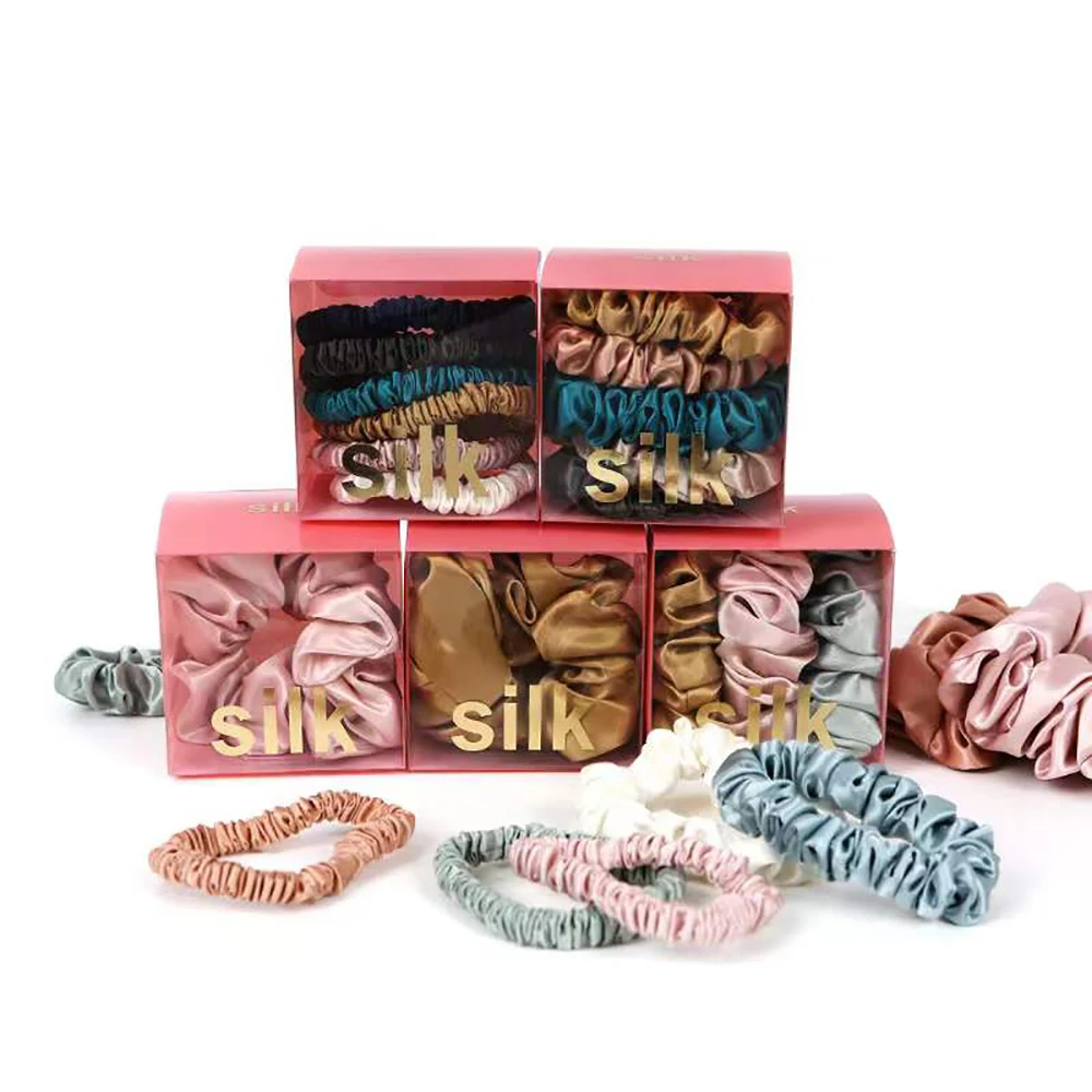 5PCS Box 100% Pure Mulberry Silk Skinnies Scrunchies Solid Color Hair Ties Ponytail Holders Hair Accessories Set 1CM 22 Momme