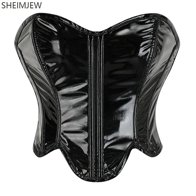 Women Sexy Corset Black Pu Bright Leather Zipper Corsets Gothic Top Navel-exposed Patent Leather Reflective Body Shaping Top New