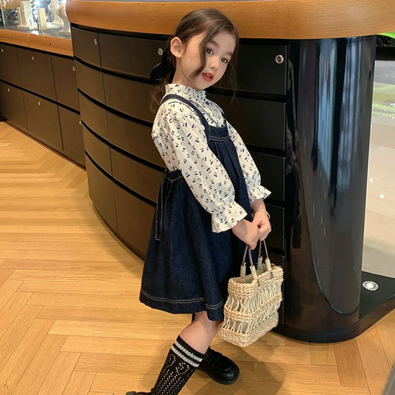 2022 Autumn New Girls\' Clothing Sets  Casual Skirt Suit Floral Long-Sleeved Shirt + Denim Suspender Skirt Fashion Kids Outfit