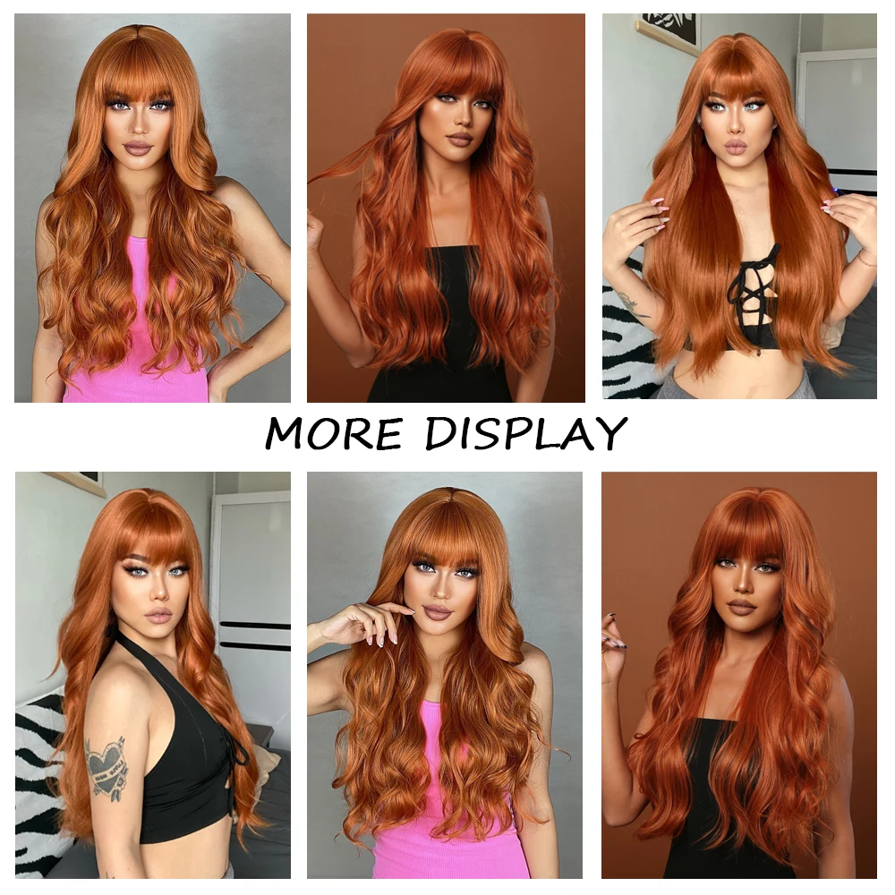 Copper Curly Wigs for Women Cosplay Synthetic Hair Wigs with Bangs Orange Long Wavy Fake Hair Heat Resistant for Daily Party Use