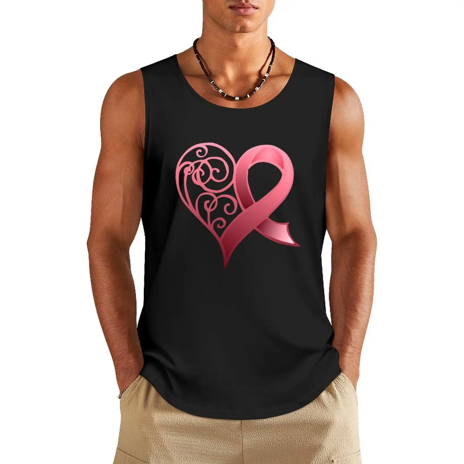 Pink Awareness Ribbon in Heart Tank Top clothing men bodybuilding t shirt Vest for boy
