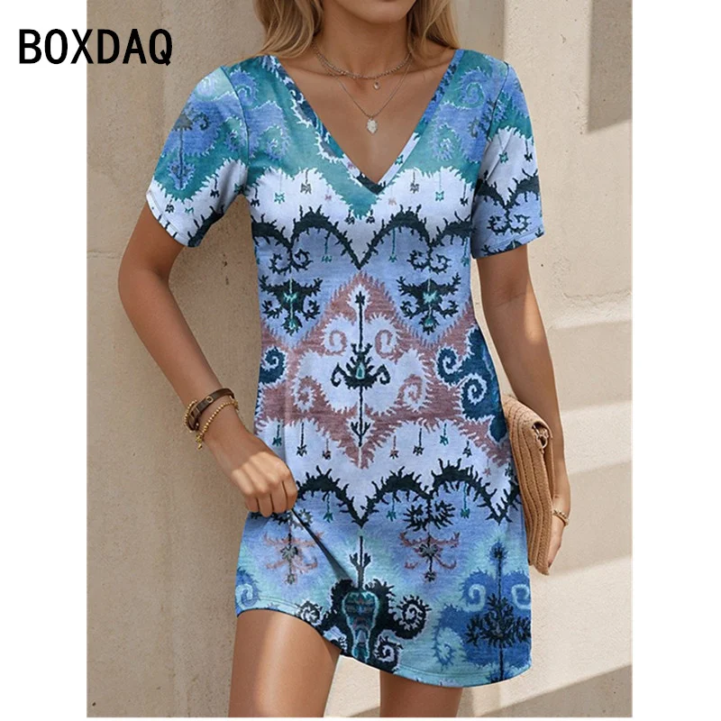 

Women Colorful Vintage Element Printed Dress Summer Short Sleeve V-Neck A-Line Dress S-3XL Female Casual Dress Vestidos