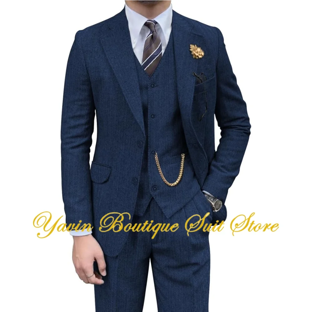 

Retro Men's 3 Piece Suit Tweed Herringbone Slim Fit Suits Wedding Groomsmen Tuxedos Set Prom Jacket Blazer Vest Pants for Men