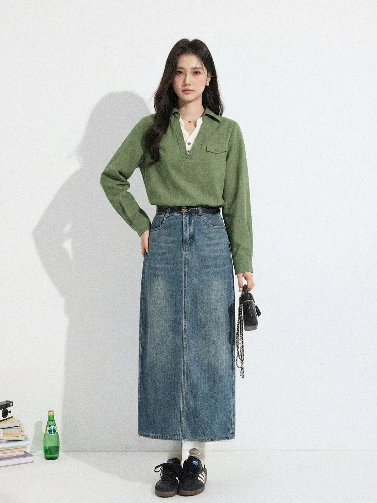 

Spring 2026 New Design een Color Blo Long Sve Women's irt Commute Top False Two-Piece Loose Fit Classic Collar