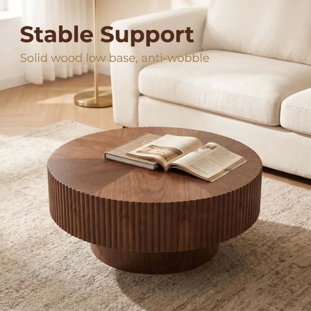 Round Coffee Table Small Coffee Table for Apartment, Modern Living Room Coffee Table with Sturdy Pedestal,WALNUT Café Furniture