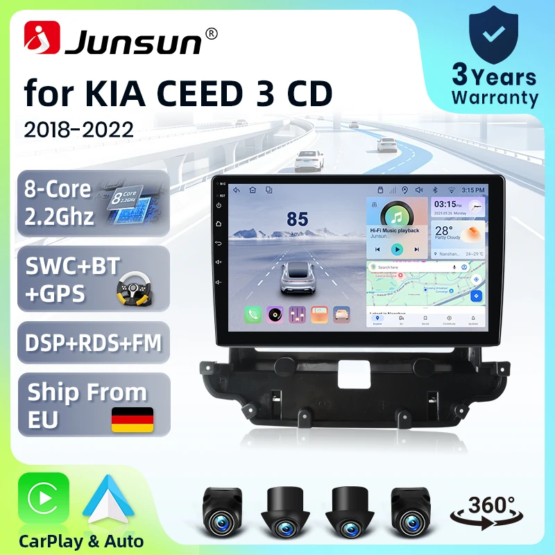 Systèmes stéréo intelligents Android 15 de 9 pouces Junsun pour Kia Ceed 3 CD 2018-2022, autoradio sans fil CarPlay, commande vocale AI, écran tactile IPS, lecteur multimédia intelligent, unité principale 2 Din, GPS, Mirror Link, Bluetooth automobile, 4G, 8 cœurs, FM, DSP, RDS, SWC, DAB