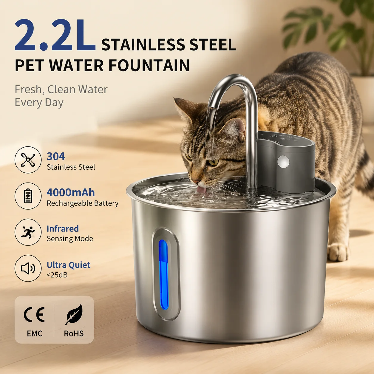 Cat Water Fountain Wireless, Stainless Steel 4000mAh Rechargeable Battery Operated 2.2L Automatic Cordless Pet Dispenser for Dog