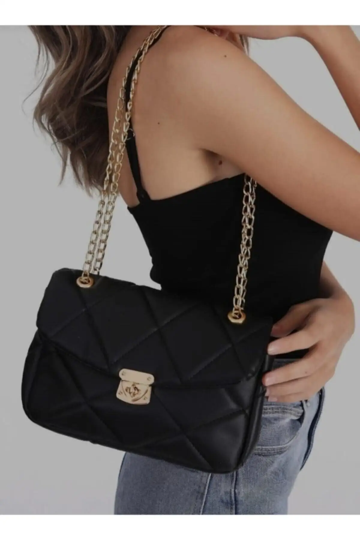 للنساء أسود أصفر سلسلة الماس منقوشة يد و حقيبة كتف أنيق مفيد تسليم سريع وآمن 2022 نموذج الاتجاه