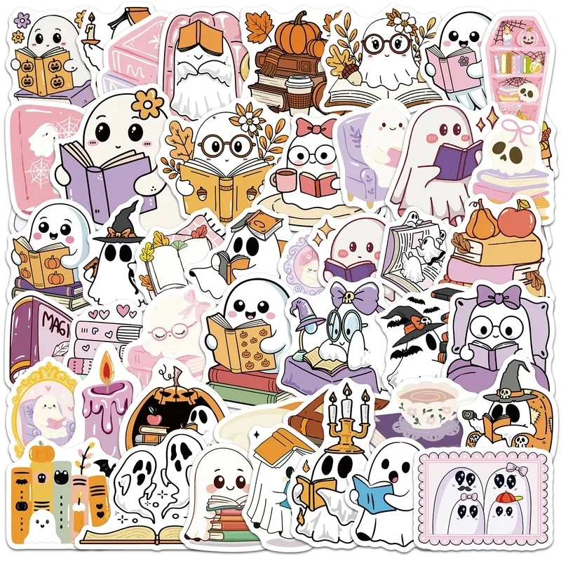 10/30/50PCS Cute Bookish Ghost Fall Halloween Stickers Kawaii Reading Book DIY Decor Phone Laptop Journal Graffiti Sticker Pack