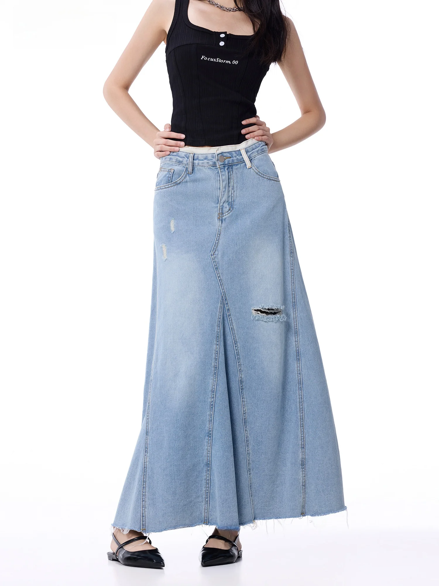Washed A-Line Denim  Skirt High Waist Torn Frayed Long Skirt Women's Casual Cotton Non-Stretch Commute Style Skirt