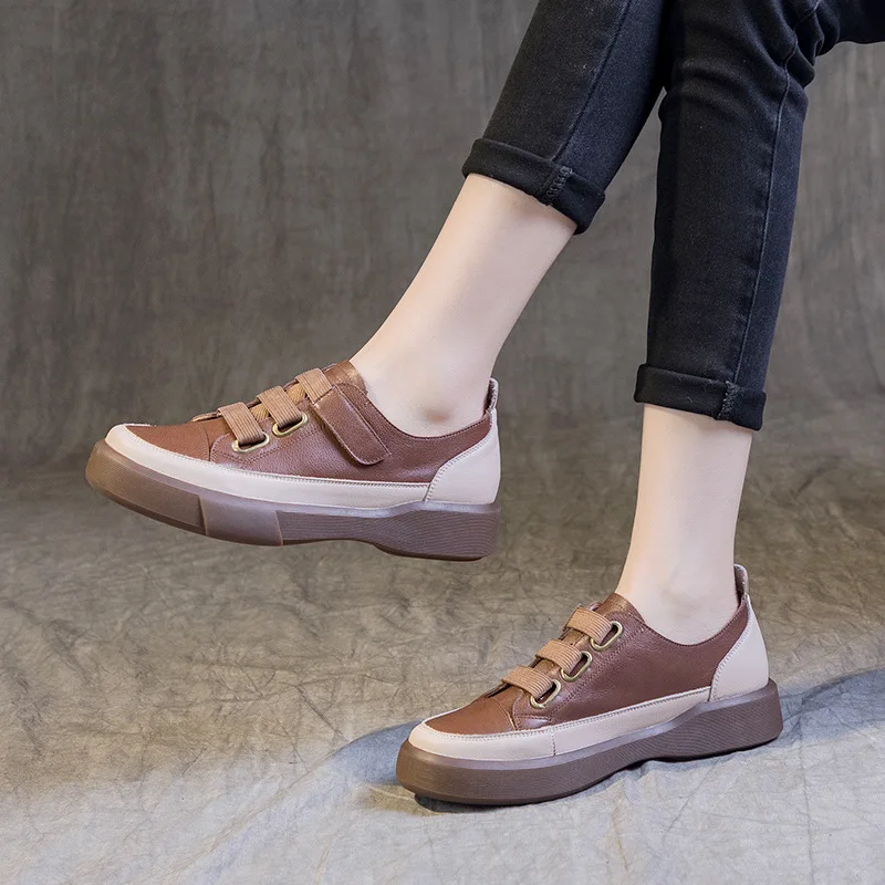 2023 New Spring, Summer and Autumn Oversized Retro Cowhide Single Shoes Women\'s Flat Round Toe Soft Bottom Low-top Shoes