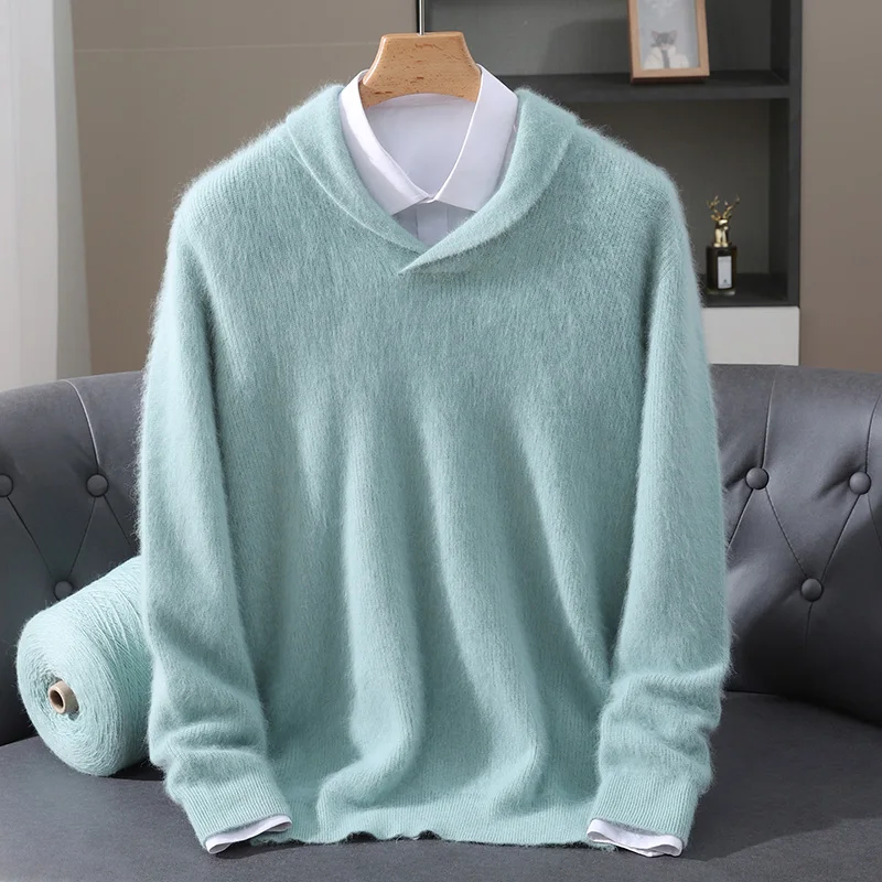 Men's Mink Cashmere Pullover Sweater Shawl Collar Casual‑chic Loose‑Cut Minimal Skin‑Friendly Warm Long Sleeve Solid Knit Top