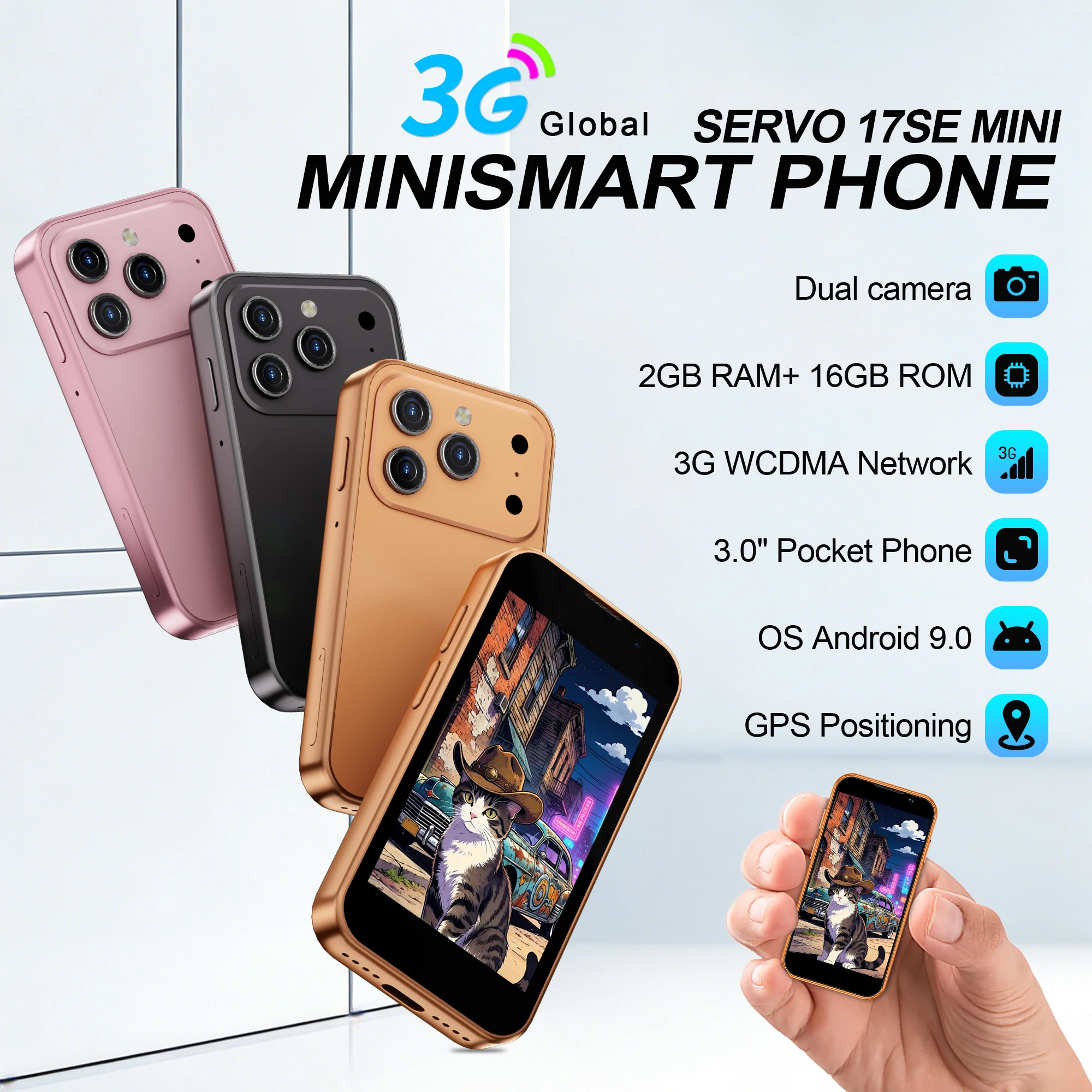 Image of SERVO 17SE Mini-Smartphone Android Dual-SIM 3G-Netzwerk 2GB RAM 16GB ROM 3,0-Zoll-Tiny-Screen ‌ Smartphones mit Gesichtserkennung GPS WLAN Kamera Kleines Taschen-Handy