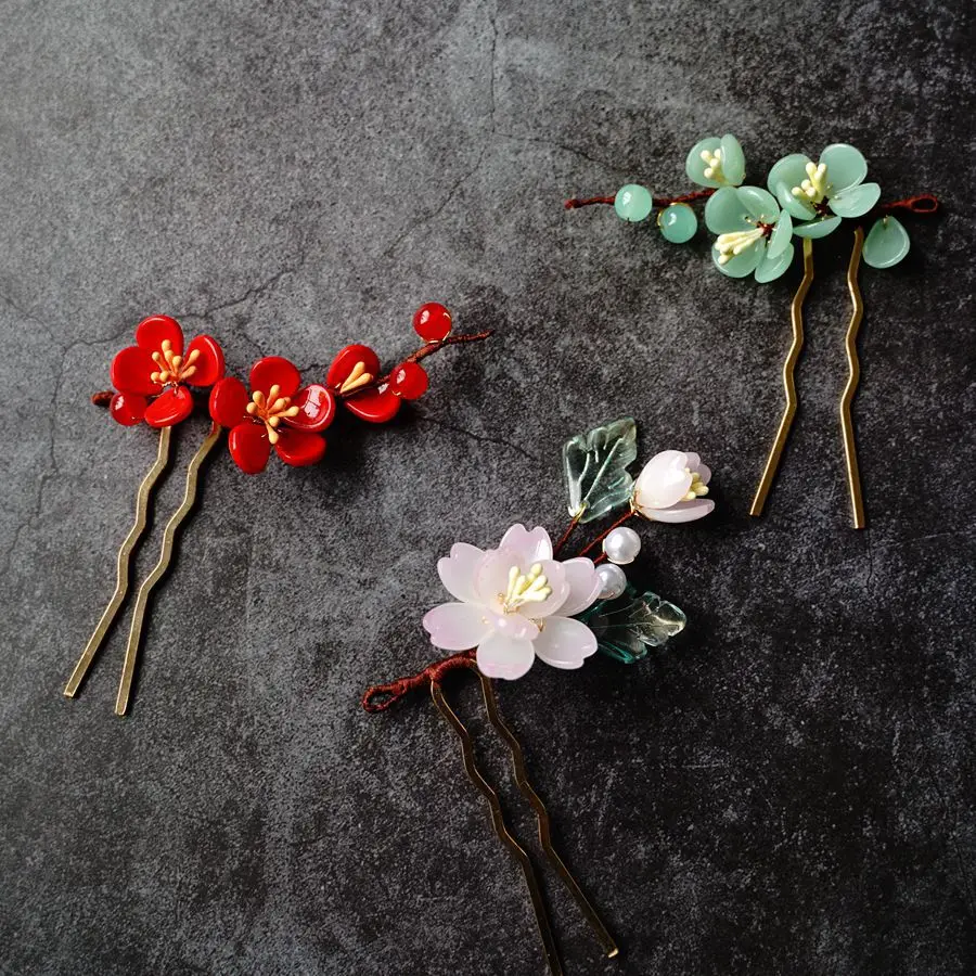 Chinese Hanfu Hair Pins Imitation Jade Flower Handmade Hair Bun Decor U Shaped Eastern Style Headdress Handmade LL@17 