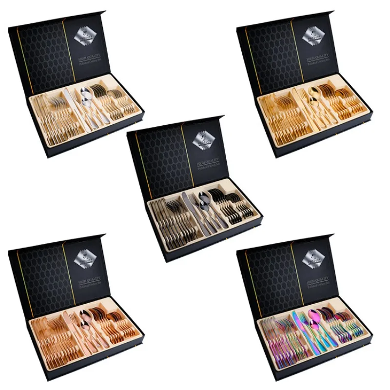 

Набор столовых приборов черного/золотого цвета с ножами для стейка, вилками и ложками, 24 предмета, из нержавеющей стали, для 6 персон, можно мыть в посудомоечной машине.