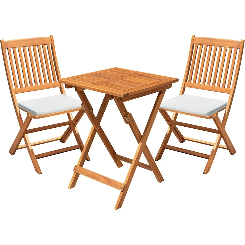 

Patio Set 3 Piece Acacia Wood Folding Bistro Set Outdoor Square Table and Chairs Balcony Furniture for Porch, Lawn, Backyard (N