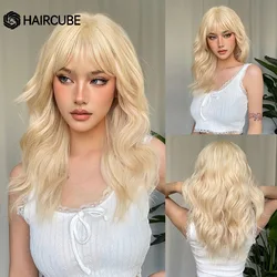 HAIRCUBE Platinum Ash syntetyczne blond peruki długie faliste włosy z Bangs peruki dla kobiet codziennie Lolita żaroodporne naturalne peruki