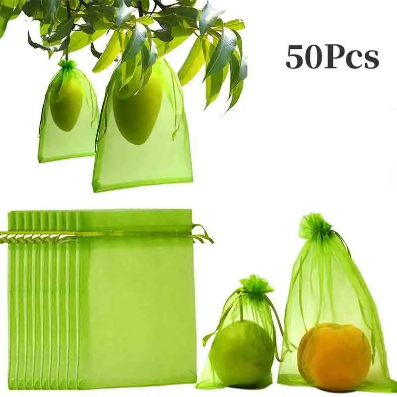 

50Pcs Bundle Mouth Organza Drawstring Garden Bird Proof Net Fruit Protection Bag Mesh Gift Packaging Bag