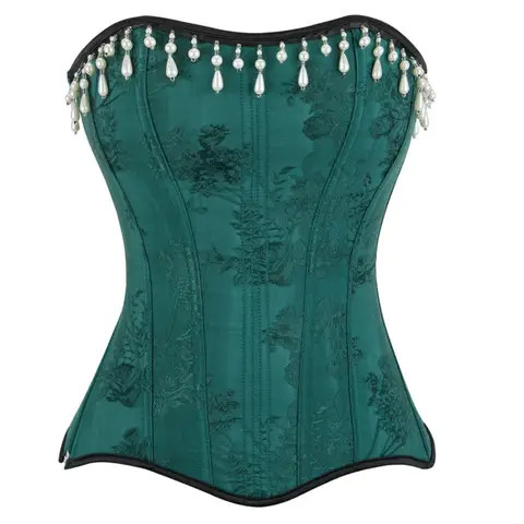 Green Floral Jacquard Overbust Corset Fashion Pearl Tassel Bustier Top Lingerie Korset Shaper