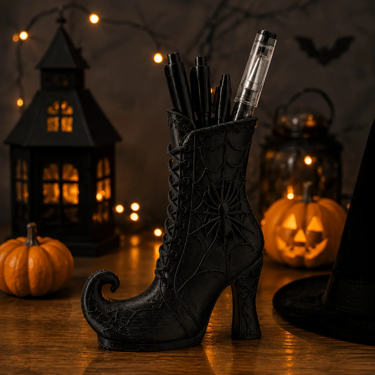Gothic Witch Boot Pen Holder with Spiderweb, 3D Printed Desktop Organizer for Adults, Creative Halloween Gift & Vintage Makeup