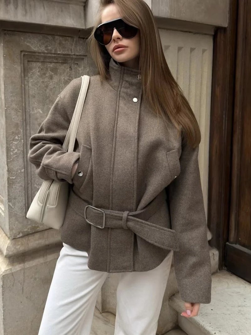 Vintage Autumn Woolen Short Coat with Belt Streetwear Women's Fashion Outerwear Zipper Pocket Causal Jacket Lady Chic Coat