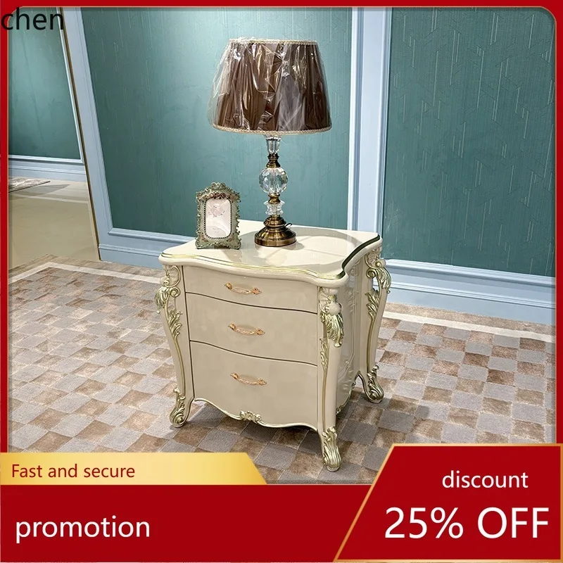 

HT Palace Bedside Table Bedroom Three-Drawer Storage Cabinet Corner Table with Solid Wood Carved Legs