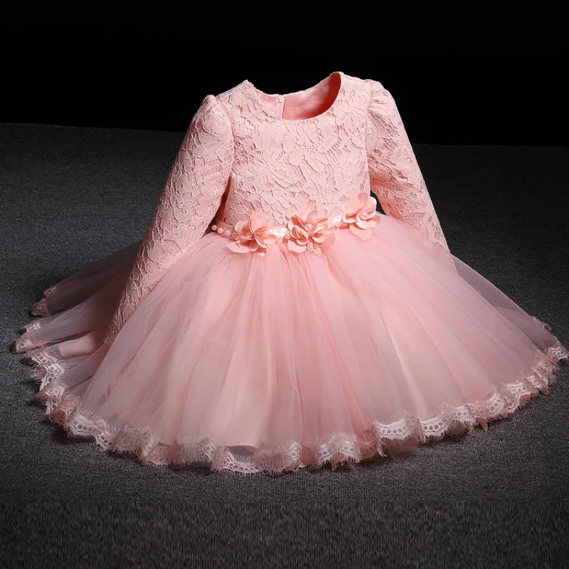 2-10Y Kids Knee-Length Flower Girl Dress Lace Tulle Tiered Formal Prom Gown Beading Appliques Bow Performance Dresses