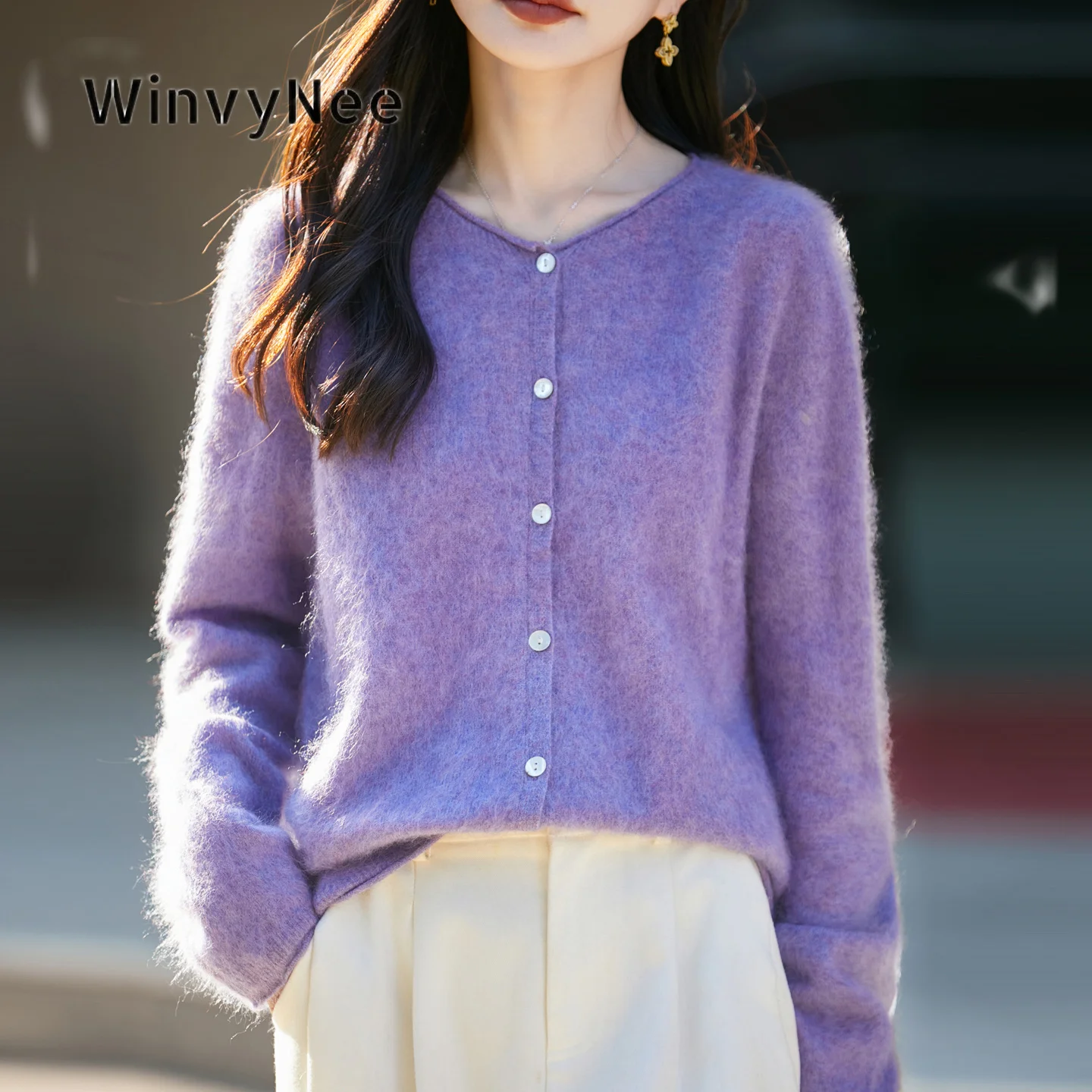 WinvyNee Women Loose Button‑Front Knit Cardigan Cashmere Round Neck Long Sleeve Brushed Fabric Fall Soft Fine Knit Airy B1743011