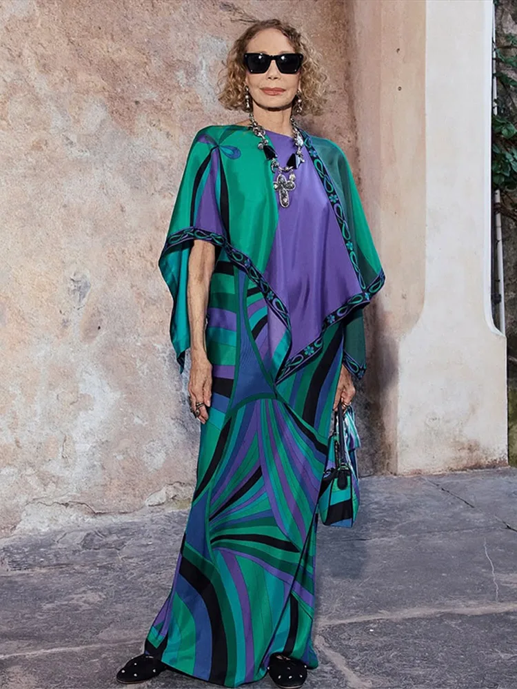 Bedruckter Cape-Langrock-Anzug für Damen, elegante Oberteile mit O-Ausschnitt und unregelmäßigem Saum, A-Linien-Röcke mit hoher Taille, schicke Partykleidung für Damen, neue Strandkleidung – Detail 32