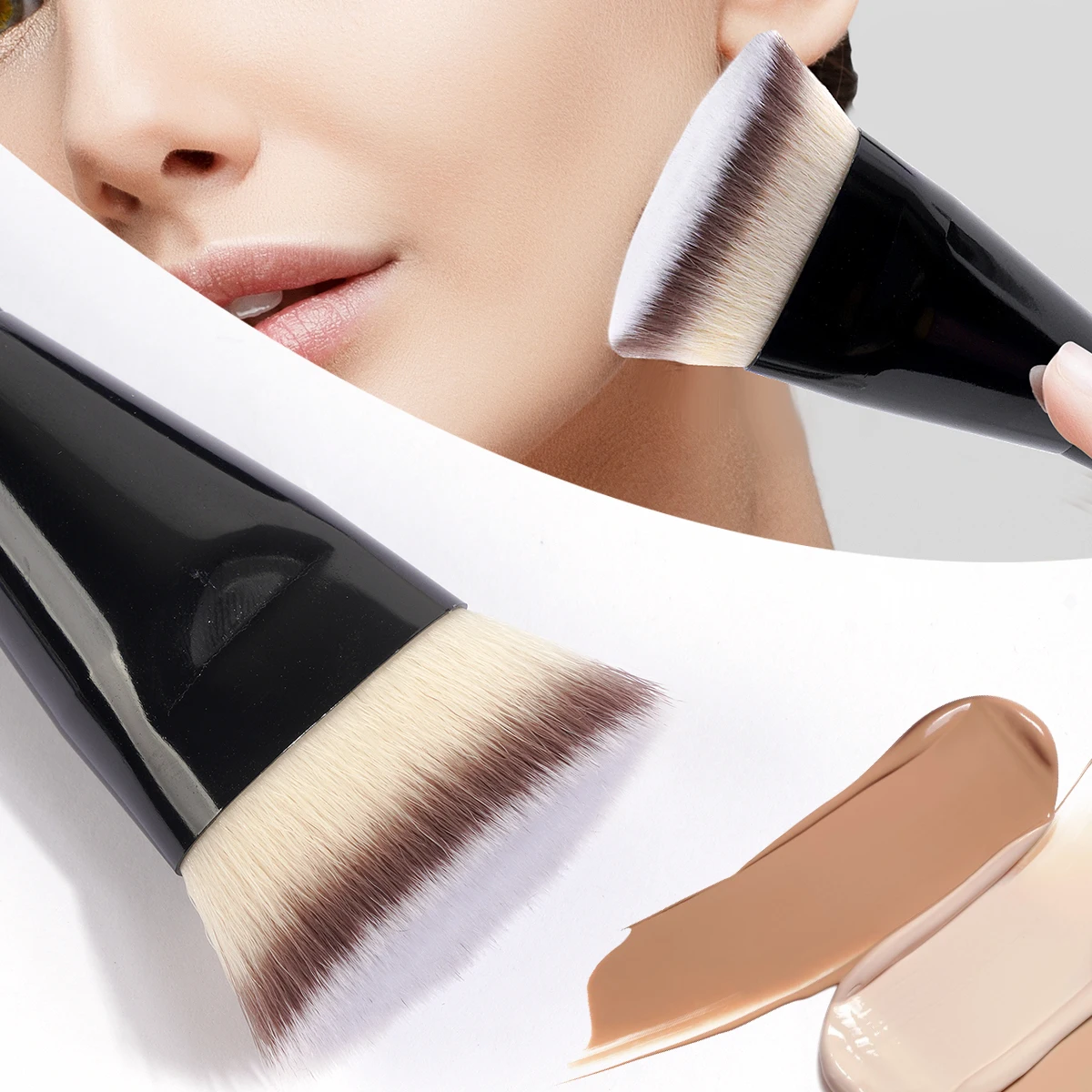 Brocha de maquillaje impecable, 2 uds., brocha de contorno de base plana/ángulo, brocha de maquillaje debajo de los ojos para crema líquida, Kit de herramientas de belleza de maquillaje